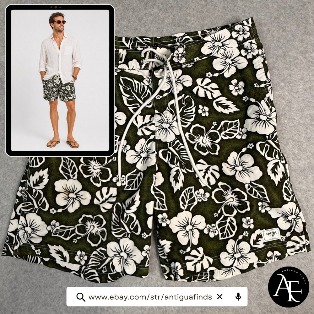 Hard Rock Hotel Las Vegas Mens Board Shorts Green White Hibiscus Floral Swim 34